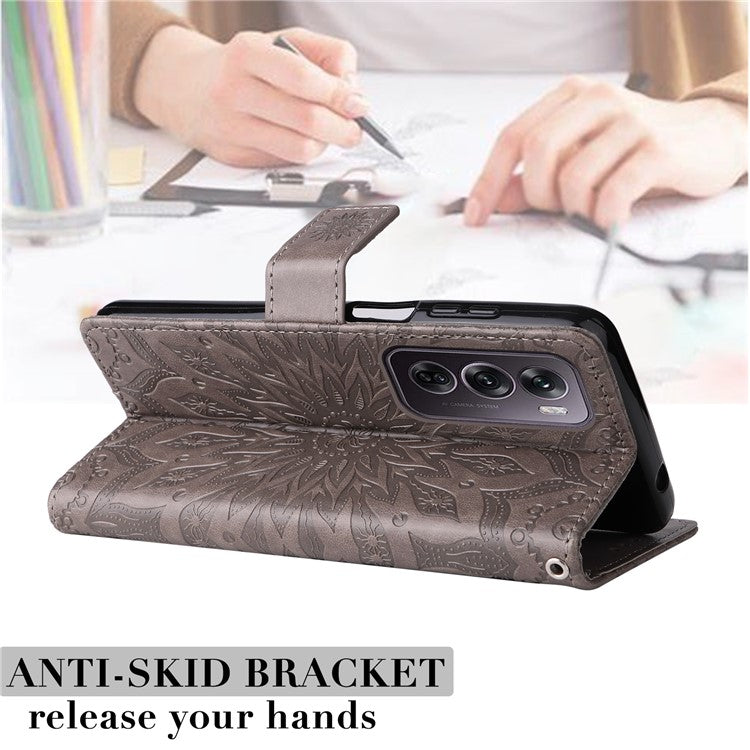 KT Imprinting Flower Series-1 For Oppo Reno12 Pro 5G (Global) / (China) Case Leather Wallet Drop-proof Phone Cover - Grey