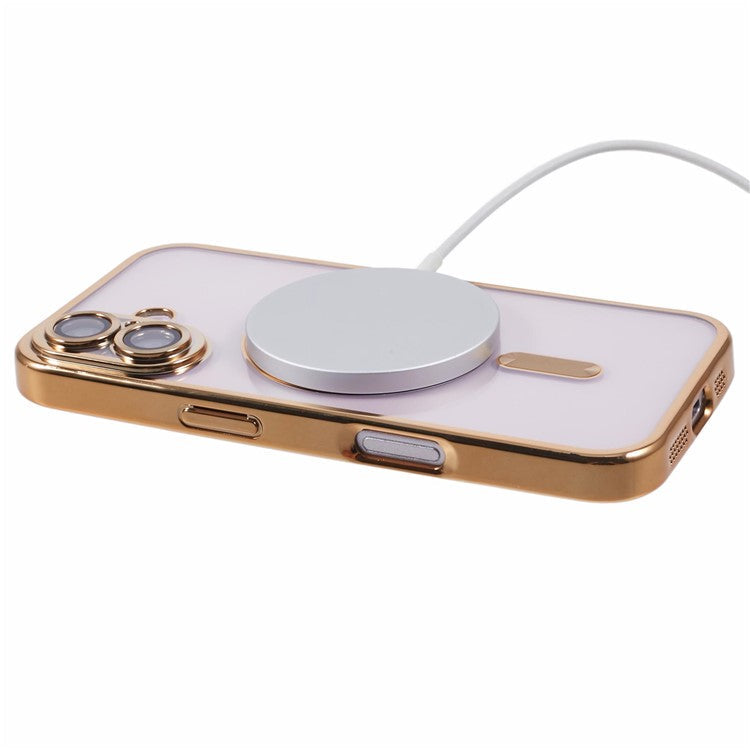 For iPhone 16 Plus Magnetic Case Electroplating Frame TPU Phone Cover with Lens Film - Gold