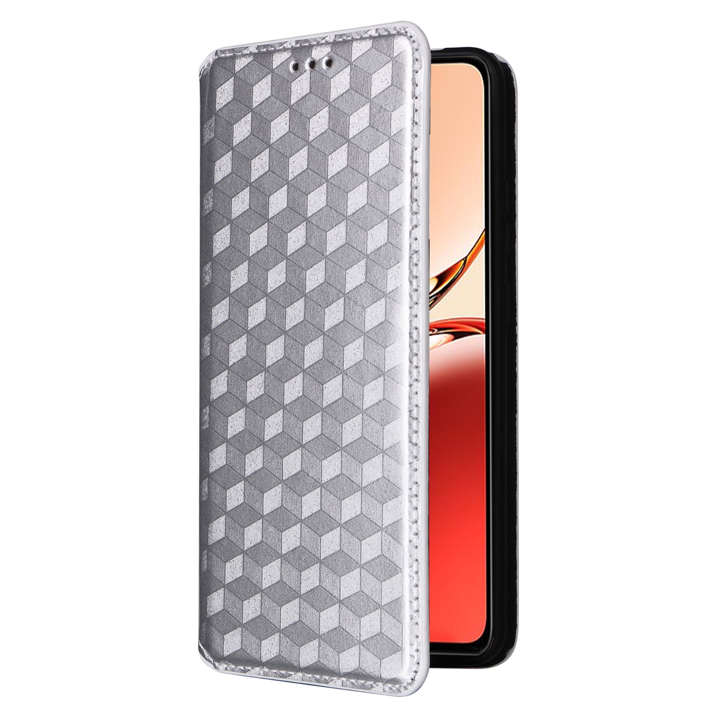 For Oppo Reno12 F 5G / Oppo F27 5G Case Leather Wallet Phone Cover Rhombus Imprinted - Silver