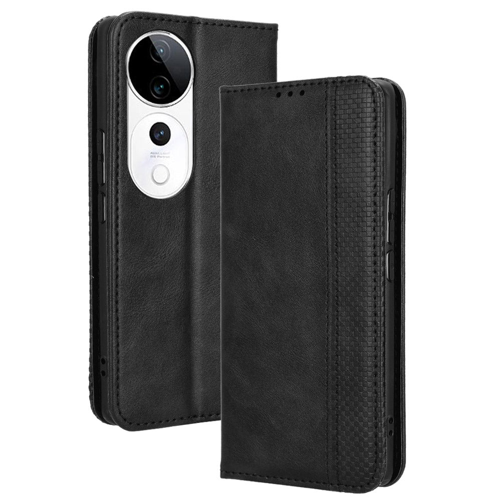 For vivo S19 Pro 5G / V40 5G Case Retro PU Leather Wallet Phone Cover Stand - Black