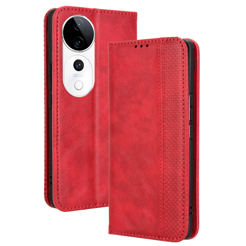 For vivo S19 Pro 5G / V40 5G Case Retro PU Leather Wallet Phone Cover Stand - Red