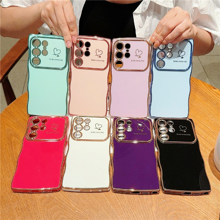 For Samsung Galaxy S23 Ultra Case Wave Frame with Love Heart Raised Camera Protection TPU Cover - Rose Pink