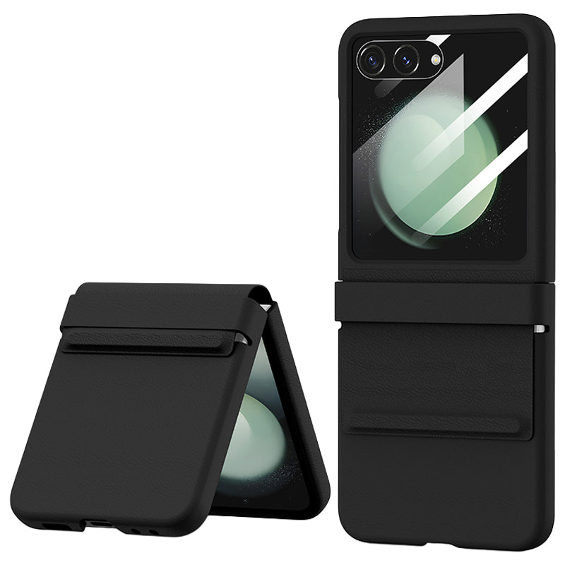 For Samsung Galaxy Z Flip6 5G Case Leather+PC Phone Cover with Hinge and Rear Screen Film - Black