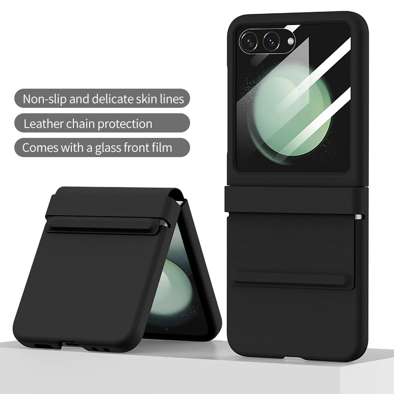 For Samsung Galaxy Z Flip6 5G Case Leather+PC Phone Cover with Hinge and Rear Screen Film - Black