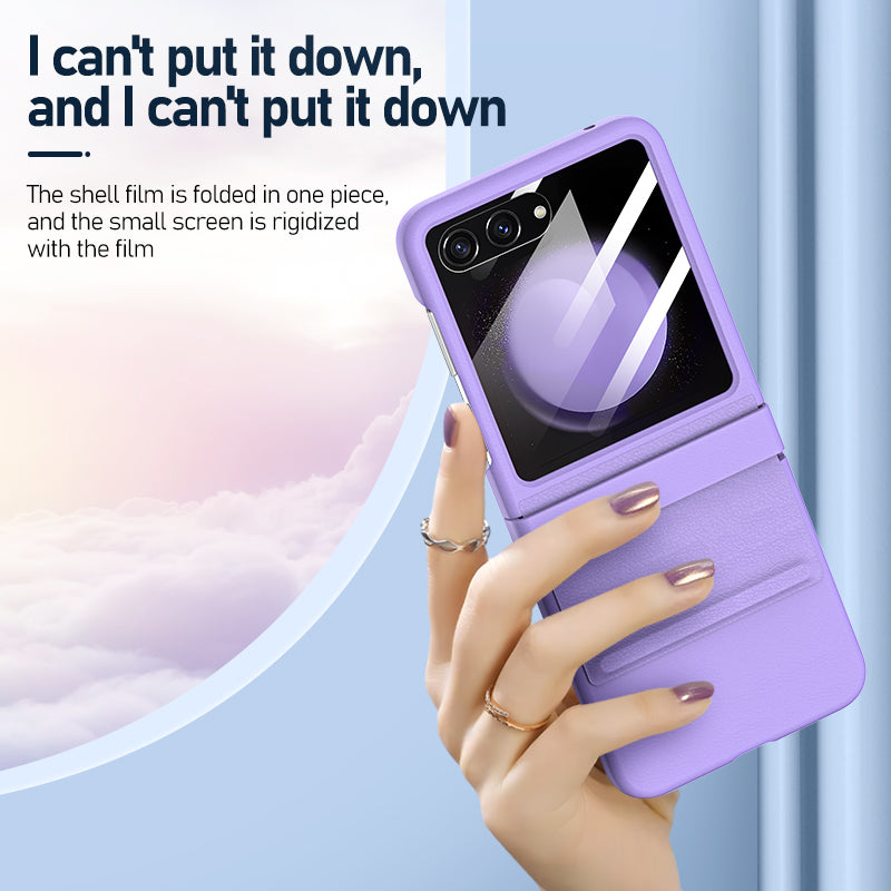 For Samsung Galaxy Z Flip6 5G Case Leather+PC Phone Cover with Hinge and Rear Screen Film - Grey