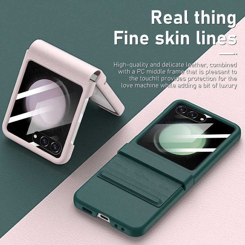 For Samsung Galaxy Z Flip6 5G Case Leather+PC Phone Cover with Hinge and Rear Screen Film - Grey