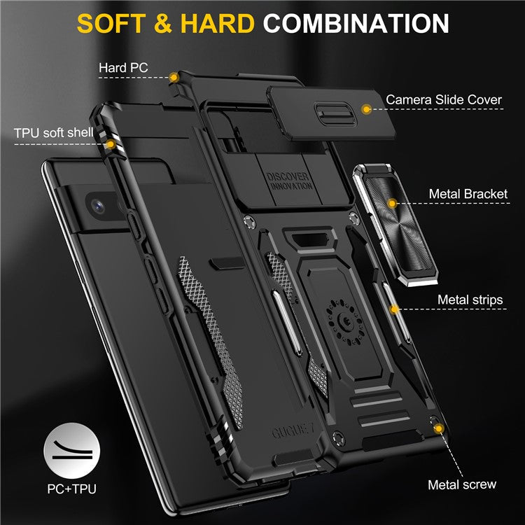 Armor Series For Google Pixel 9 Pro / Pixel 9 Case PC+TPU Kickstand Phone Cover with Slide Lens Shield - Black