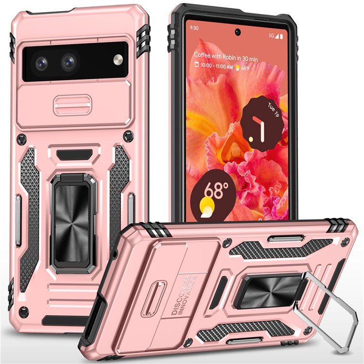 Armor Series For Google Pixel 9 Pro / Pixel 9 Case PC+TPU Kickstand Phone Cover with Slide Lens Shield - Rose Gold
