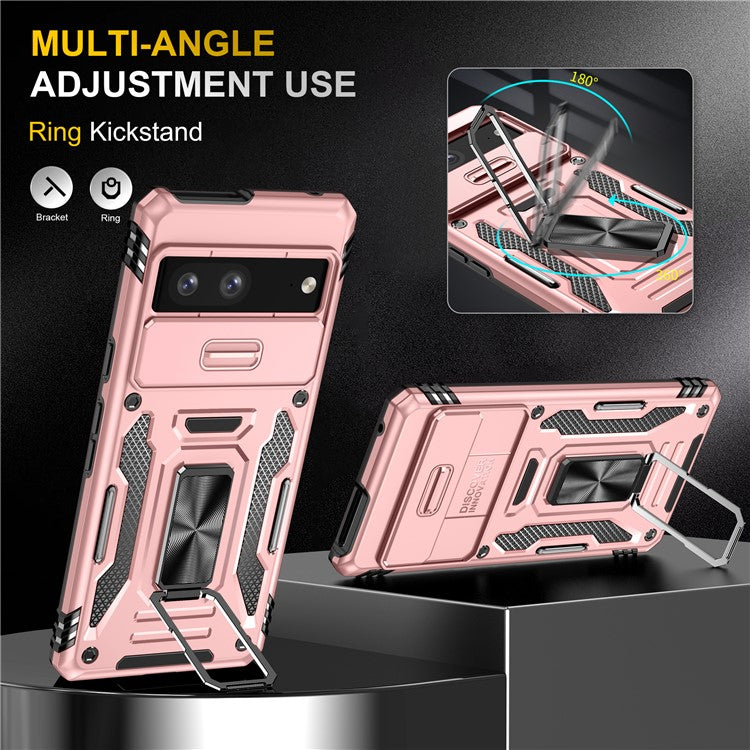 Armor Series For Google Pixel 9 Pro / Pixel 9 Case PC+TPU Kickstand Phone Cover with Slide Lens Shield - Rose Gold