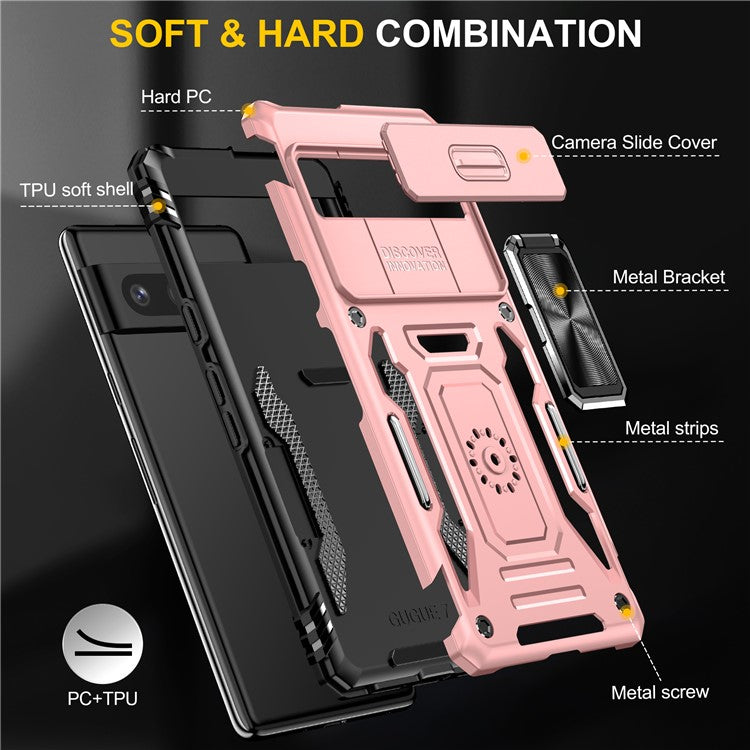 Armor Series For Google Pixel 9 Pro / Pixel 9 Case PC+TPU Kickstand Phone Cover with Slide Lens Shield - Rose Gold