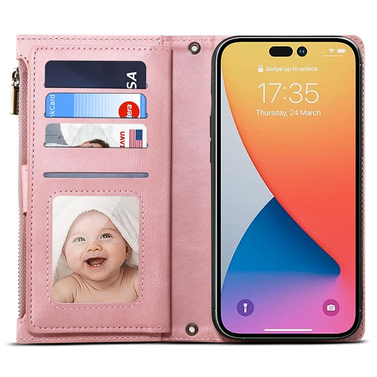 ESEBLE Star Series For iPhone 16 Plus Case Zipper Wallet Leather Stand Phone Cover - Rose Gold