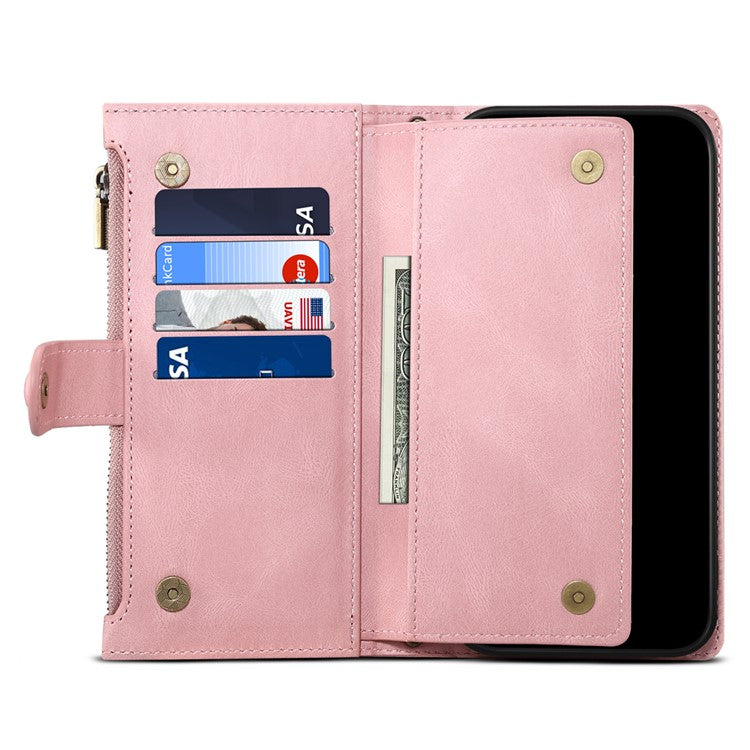 ESEBLE Star Series For iPhone 16 Plus Case Zipper Wallet Leather Stand Phone Cover - Rose Gold