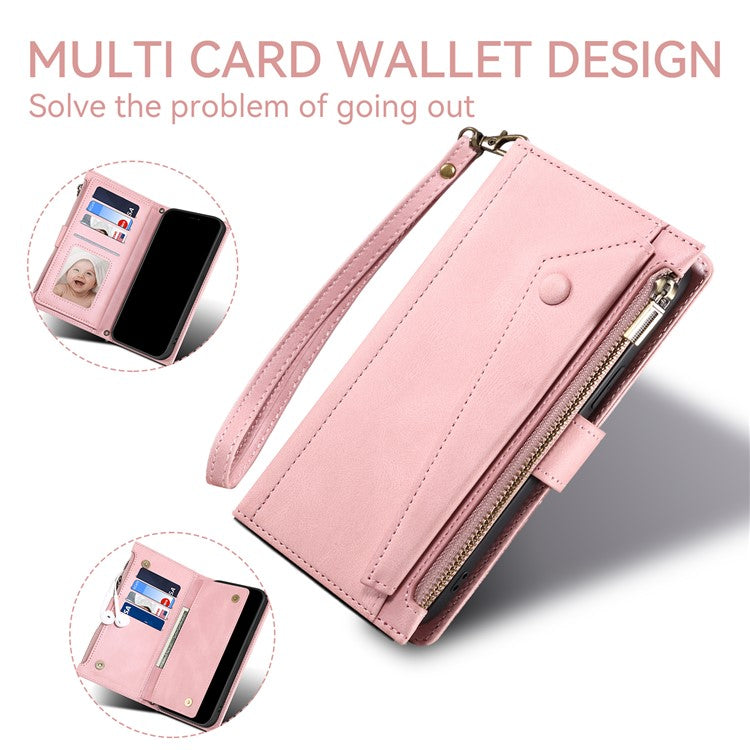 ESEBLE Star Series For iPhone 16 Plus Case Zipper Wallet Leather Stand Phone Cover - Rose Gold