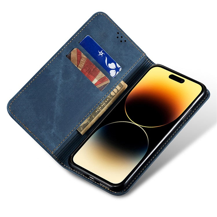 For iPhone 16 Plus Case Jeans Cloth Texture Anti-scratch Leather Stand Phone Cover - Blue