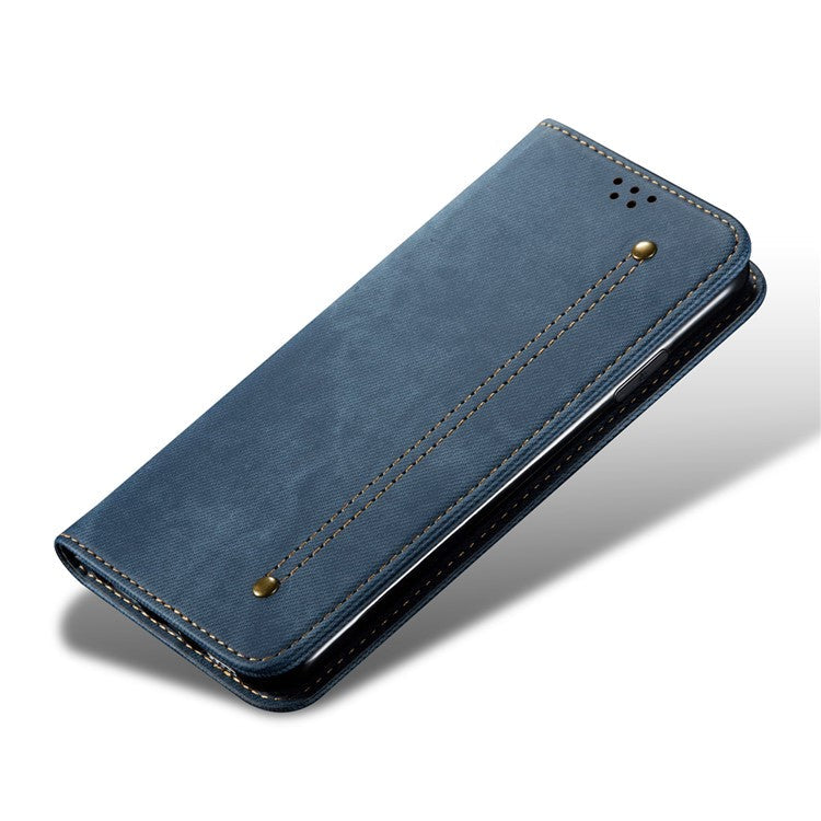For iPhone 16 Plus Case Jeans Cloth Texture Anti-scratch Leather Stand Phone Cover - Blue