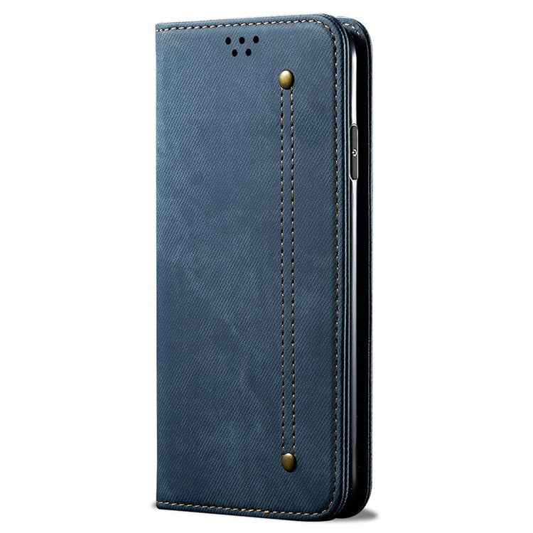 For iPhone 16 Plus Case Jeans Cloth Texture Anti-scratch Leather Stand Phone Cover - Blue