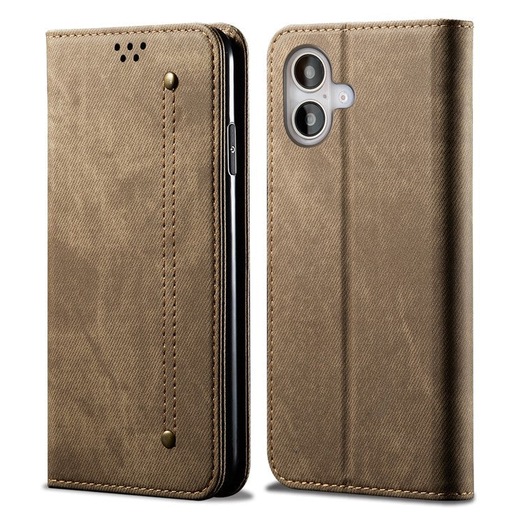 For iPhone 16 Plus Case Jeans Cloth Texture Anti-scratch Leather Stand Phone Cover - Khaki