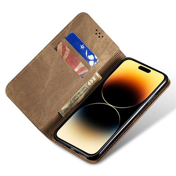 For iPhone 16 Plus Case Jeans Cloth Texture Anti-scratch Leather Stand Phone Cover - Khaki