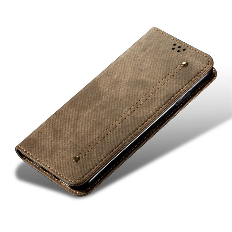 For iPhone 16 Plus Case Jeans Cloth Texture Anti-scratch Leather Stand Phone Cover - Khaki