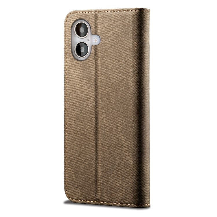 For iPhone 16 Plus Case Jeans Cloth Texture Anti-scratch Leather Stand Phone Cover - Khaki