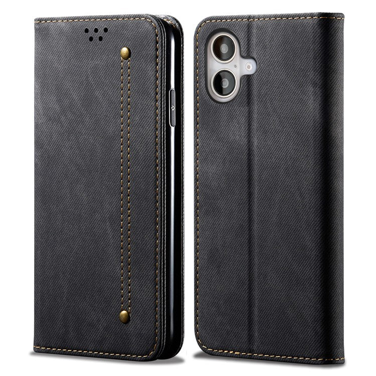 For iPhone 16 Case Jeans Cloth Texture Anti-Scratch Leather Stand Phone Cover - Black