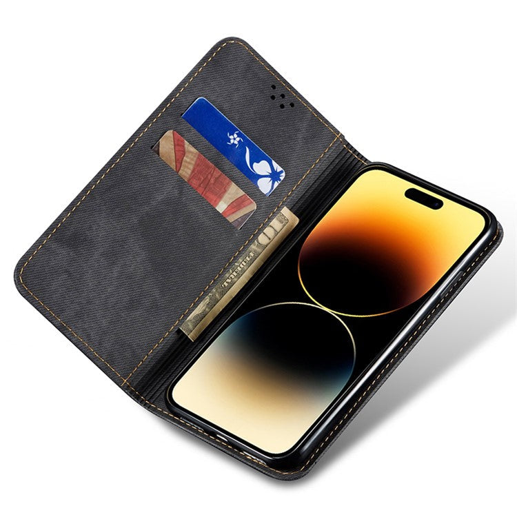 For iPhone 16 Case Jeans Cloth Texture Anti-Scratch Leather Stand Phone Cover - Black