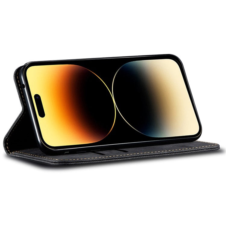 For iPhone 16 Case Jeans Cloth Texture Anti-Scratch Leather Stand Phone Cover - Black