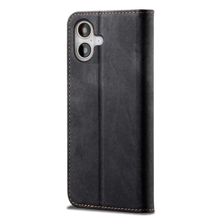 For iPhone 16 Case Jeans Cloth Texture Anti-Scratch Leather Stand Phone Cover - Black