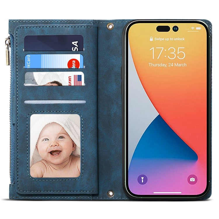 ESEBLE Star Series For iPhone 16 Case Zipper Wallet Leather Stand Phone Cover - Blue
