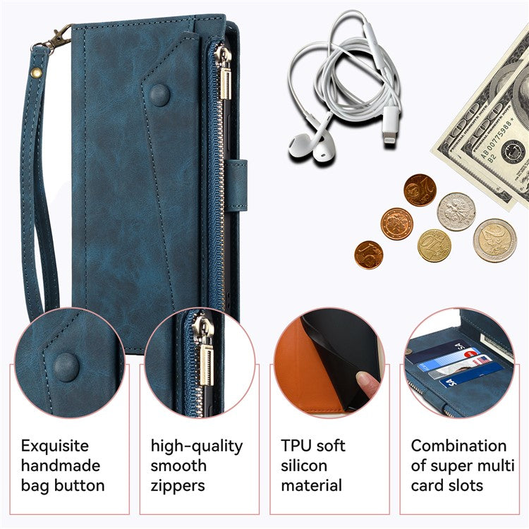 ESEBLE Star Series For iPhone 16 Case Zipper Wallet Leather Stand Phone Cover - Blue