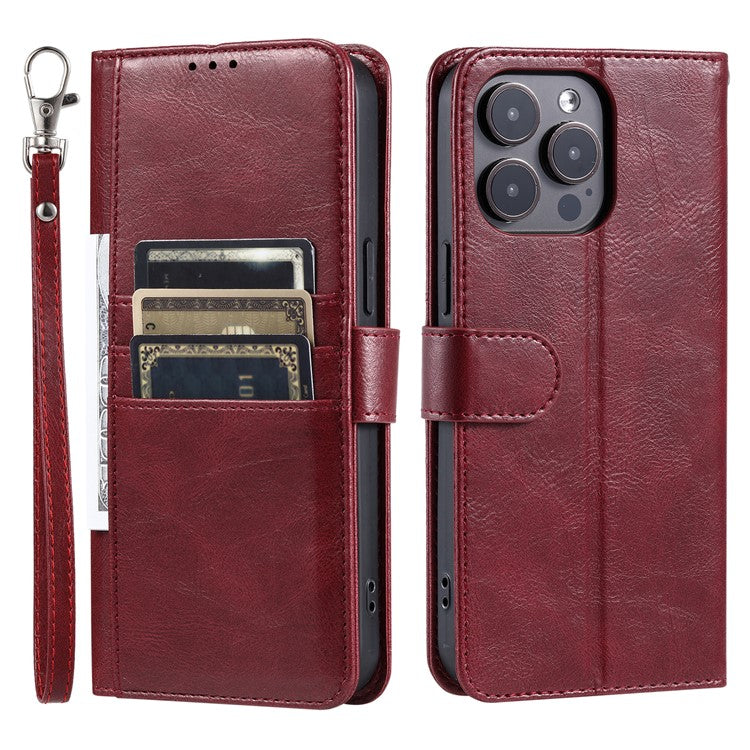 013 Style For iPhone 16 Pro Case PU Leather Anti-fall Phone Cover with 6 Card Slots - Wine Red