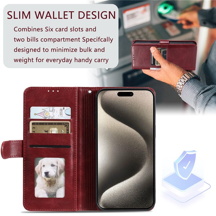 013 Style For iPhone 16 Pro Case PU Leather Anti-fall Phone Cover with 6 Card Slots - Wine Red