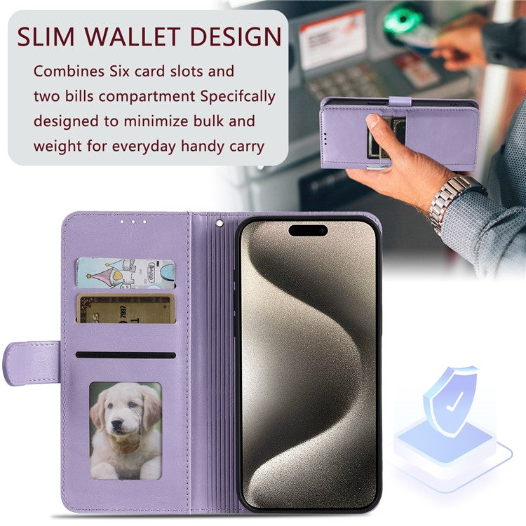013 Style For iPhone 16 Pro Case PU Leather Anti-fall Phone Cover with 6 Card Slots - Purple