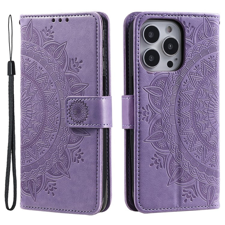 For iPhone 16 Pro Stand Case Imprinted Totem PU Leather Wallet Phone Cover - Purple