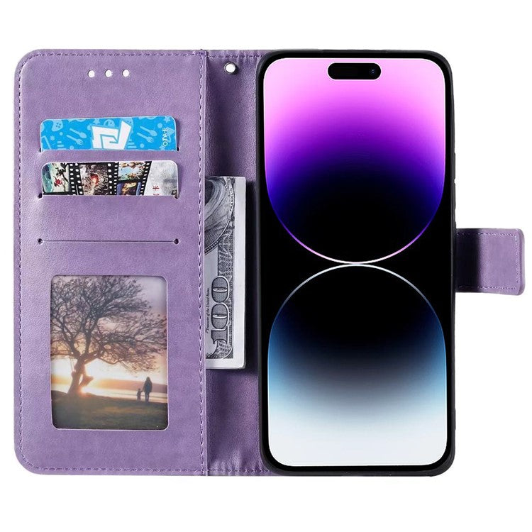 For iPhone 16 Pro Stand Case Imprinted Totem PU Leather Wallet Phone Cover - Purple