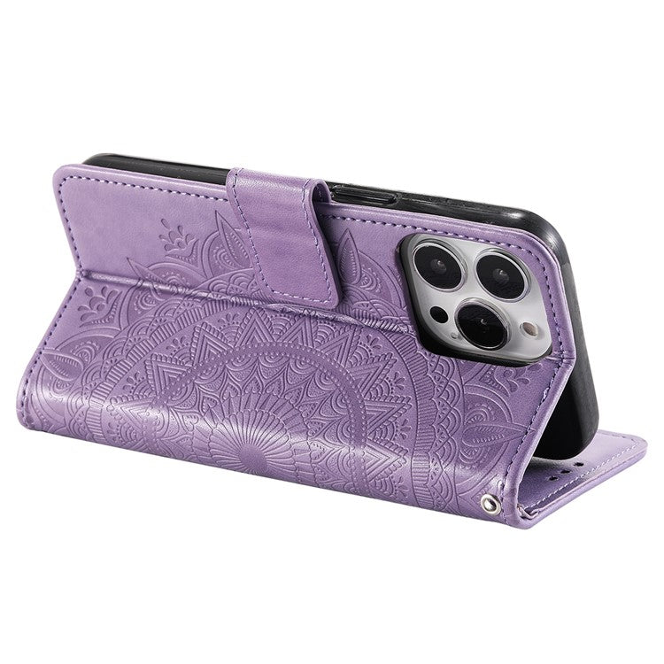 For iPhone 16 Pro Stand Case Imprinted Totem PU Leather Wallet Phone Cover - Purple