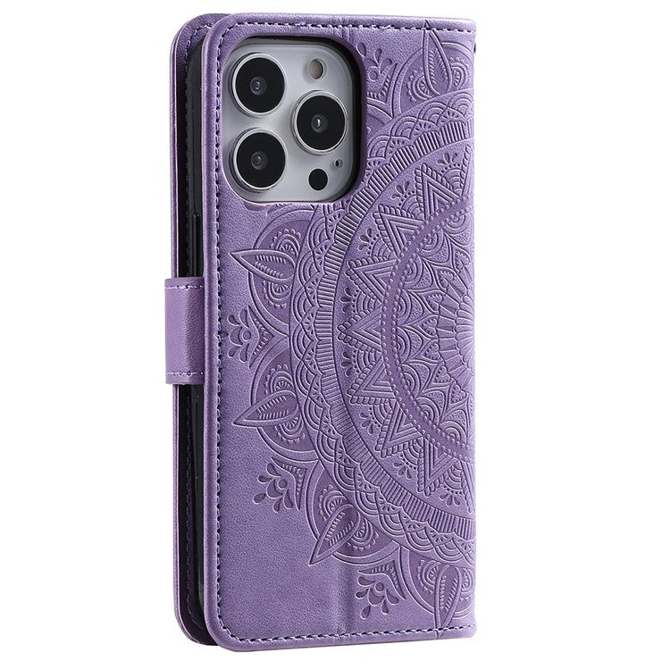 For iPhone 16 Pro Stand Case Imprinted Totem PU Leather Wallet Phone Cover - Purple