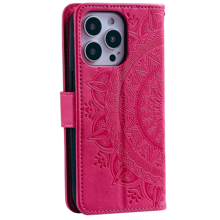For iPhone 16 Pro Stand Case Imprinted Totem PU Leather Wallet Phone Cover - Rose