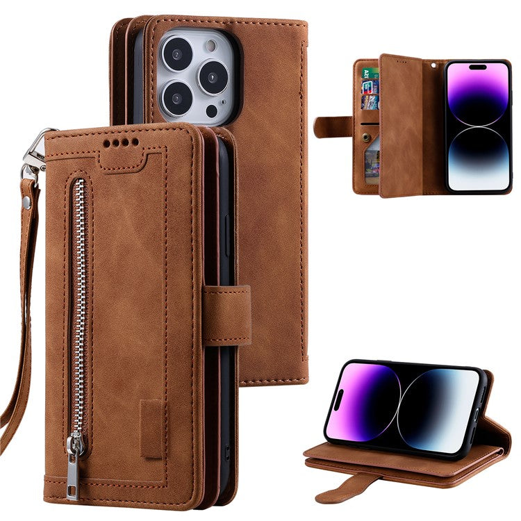 For iPhone 16 Pro Case PU Leather Phone Cover with Zipper Pocket 9 Card Slots - Brown