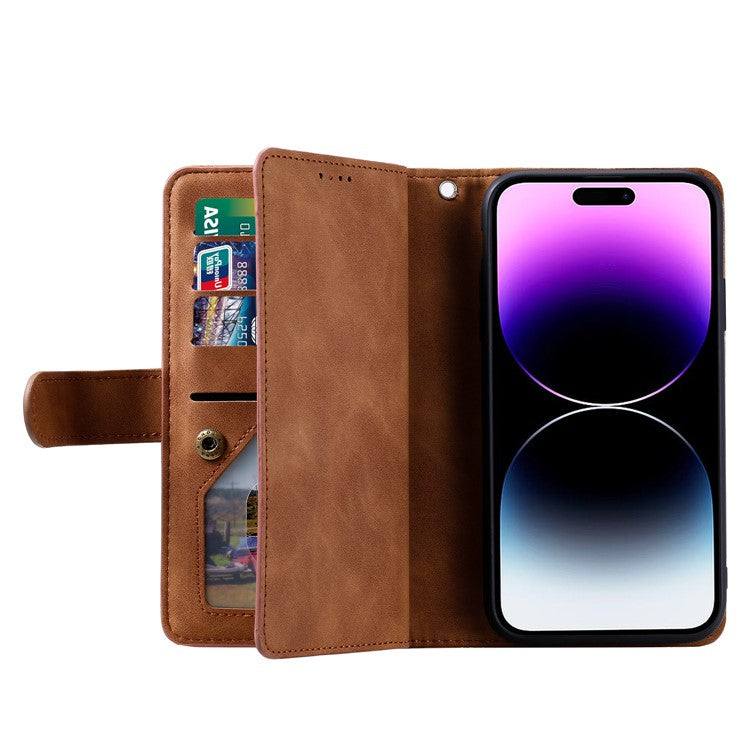 For iPhone 16 Pro Case PU Leather Phone Cover with Zipper Pocket 9 Card Slots - Brown