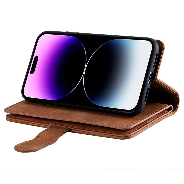For iPhone 16 Pro Case PU Leather Phone Cover with Zipper Pocket 9 Card Slots - Brown