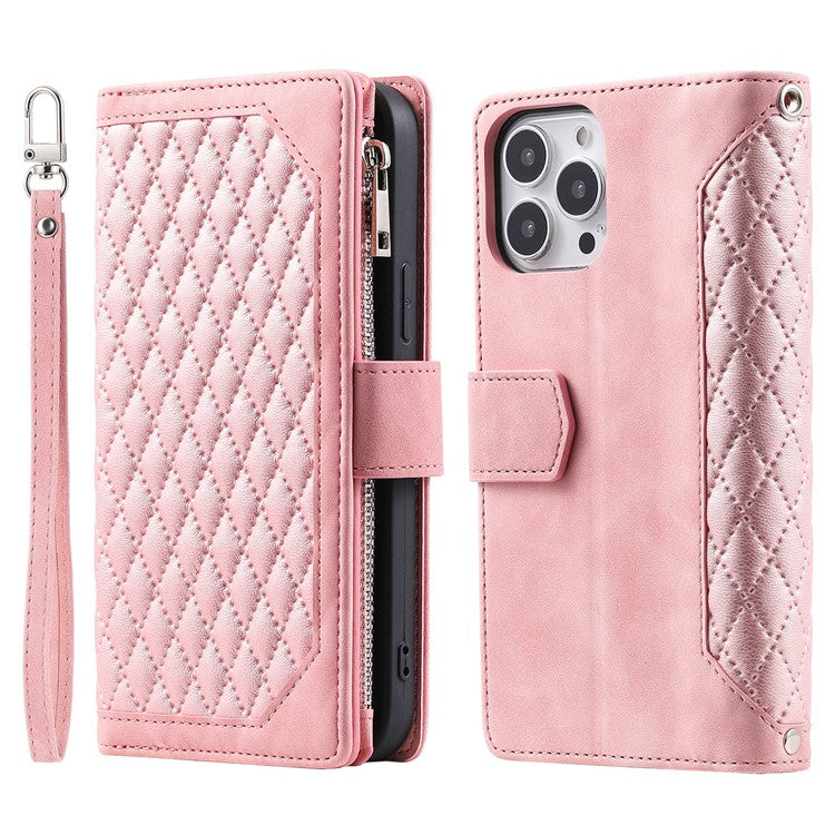 Style 005 For iPhone 16 Pro Zipper Wallet Case Rhombus Stitching Line PU Leather Phone Cover - Rose Gold