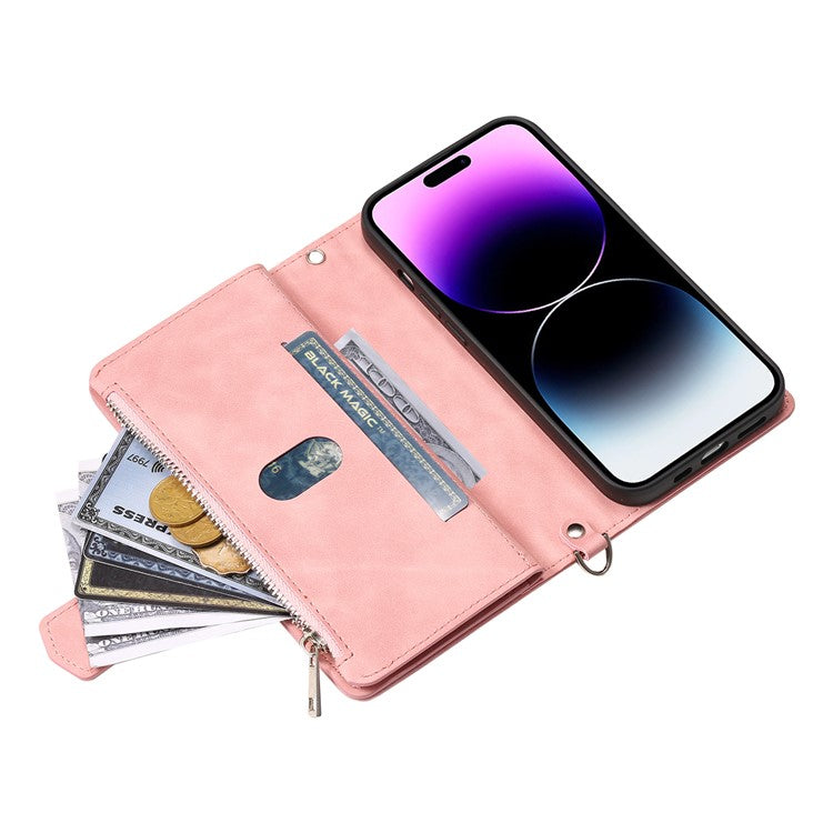 Style 005 For iPhone 16 Pro Zipper Wallet Case Rhombus Stitching Line PU Leather Phone Cover - Rose Gold