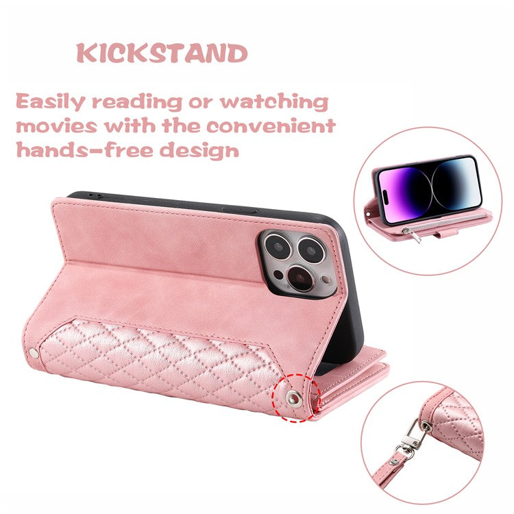 Style 005 For iPhone 16 Pro Zipper Wallet Case Rhombus Stitching Line PU Leather Phone Cover - Rose Gold