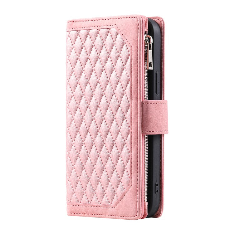 Style 005 For iPhone 16 Pro Zipper Wallet Case Rhombus Stitching Line PU Leather Phone Cover - Rose Gold