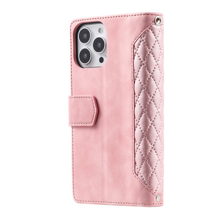 Style 005 For iPhone 16 Pro Zipper Wallet Case Rhombus Stitching Line PU Leather Phone Cover - Rose Gold