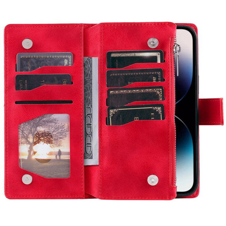 006 For iPhone 16 Pro Case Mandala Flower Zipper Pocket Leather Phone Cover - Red