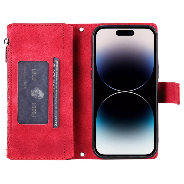 006 For iPhone 16 Pro Case Mandala Flower Zipper Pocket Leather Phone Cover - Red