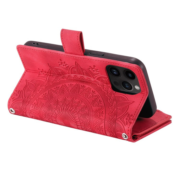 006 For iPhone 16 Pro Case Mandala Flower Zipper Pocket Leather Phone Cover - Red