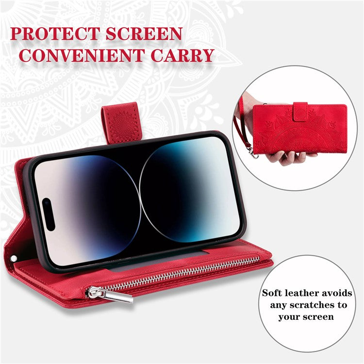 006 For iPhone 16 Pro Case Mandala Flower Zipper Pocket Leather Phone Cover - Red